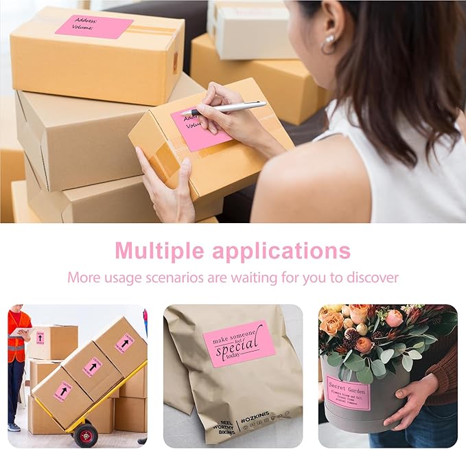 3 X 5 Inch Printable Waterproof Rectangle Color Coding Labels, 300 Per Roll Adhesive Color Coding Stickers for Bar-Codes, Address, Small Business Labeling, Inventory, Pink