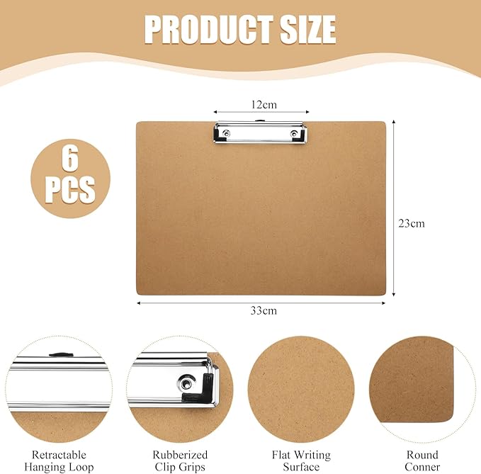 Sherr 6 Pcs Large 9 x 13 Inch Wooden Large Landscape Clipboards with Low Profile Clip Horizontal Clipboard Layout for School Classroom Office Drawing Art Back to School Supplies