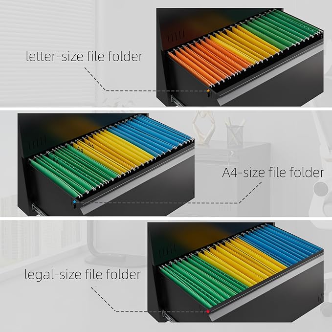 Metal File Cabinet with Lock, 3 Drawer Lateral File Cabinets for Home Office, Heavy Duty Office Storage Cabinet for A4/Letter/Legal Size, Assembly Required(Black)