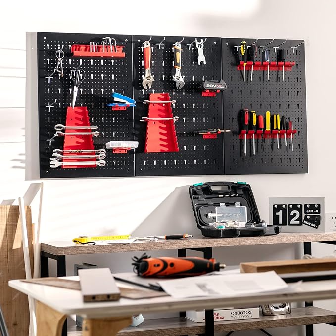 Goplus Garage Pegboard Tool Organizer, 4ft Metal Pegboard Wall Organizer w/3 Pegboards, Drill Bit Rack, Wrench Rack, Hooks Accessories, Wall-Mounted Tool Storage Peg Board for Workshop, Black