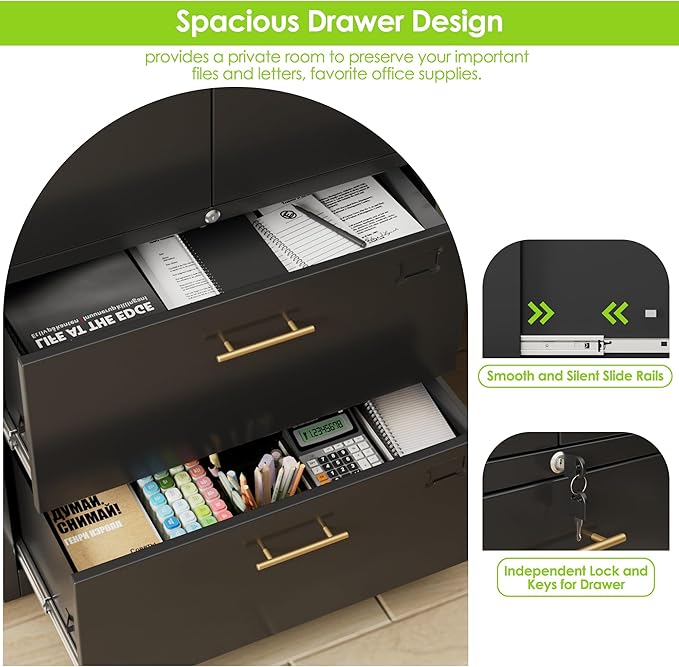 2 Drawer Lateral File Cabinet with Adjustable Shelves and Handles,Metal Filing Cabinet with Drawers and Keys for Home,Office,School,Fits A4/Letter/Legal Size Folders,Assemble Required,Black