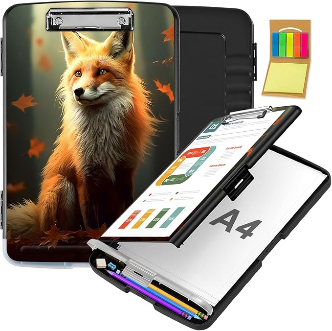 Clipboard with Storage,Office Supplies Nursing Clipboards Folder with Pen Holder Plastic Storage ClipBoard Foldable for Teacher Nurse,Maple Leaf Fox