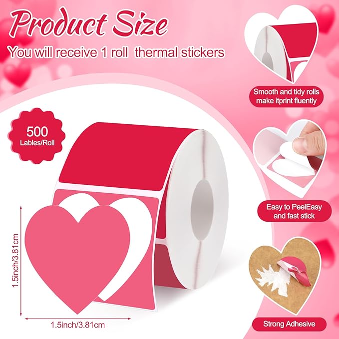 Ctosree 500 Pcs/ 1 Roll Thermal Sticker Labels Self Adhesive Direct Thermal Labels Multipurpose Printer Stickers for DIY, Name Tag(Heart,1.5 Inches,Red Gradient)