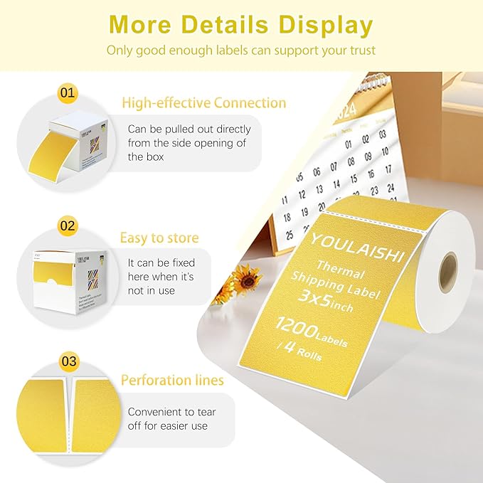 3 X 5 Inch Printable Waterproof Rectangle Color Coding Labels, 300 Per Roll Adhesive Color Coding Stickers for Bar-Codes, Address, Small Business Labeling, Gold