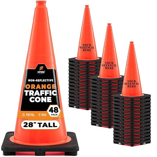 Xpose Safety 28 Inch Orange Traffic Cones, 48-Pack - Multipurpose PVC Plastic Safety Cone for Parking, Soccer, Caution, Kids and Construction - DOT Approved