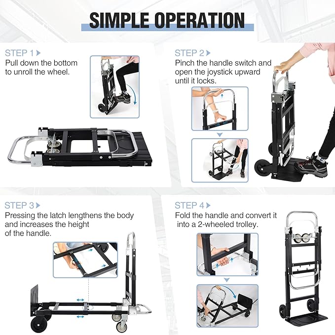 RedSwing Hand Truck Dolly Foldable,Folding Convertible Hand Truck with 4 Wheels,2 in 1 Heavy Duty Dolly Cart for Moving Luggages,Garage,Home,500 Lbs