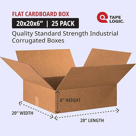 TAPE LOGIC 20x20x6 Flat Corrugated Boxes, Flat, 20L x 20W x 6H, Pack of 15 | Shipping, Packaging, Moving, Storage Box for Home or Business, Strong Wholesale Bulk Boxes