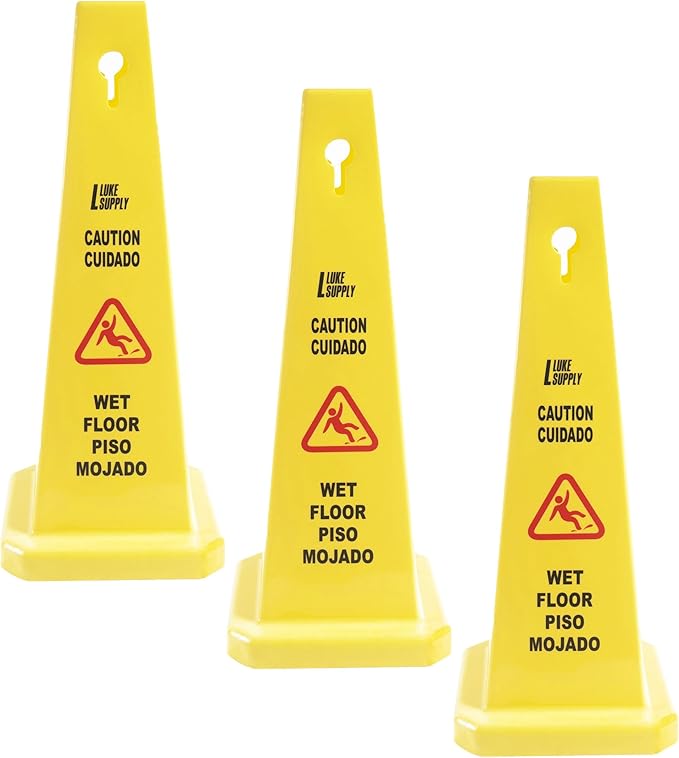 MATTHEW CLEANING 3 Packs 26” Caution Wet Floor Safety Cones for Indoors and Outdoors,Bright Yellow Caution Wet Floor Sign,4-Sided Bilingual Signs,Avoid Fall & Slip Accident