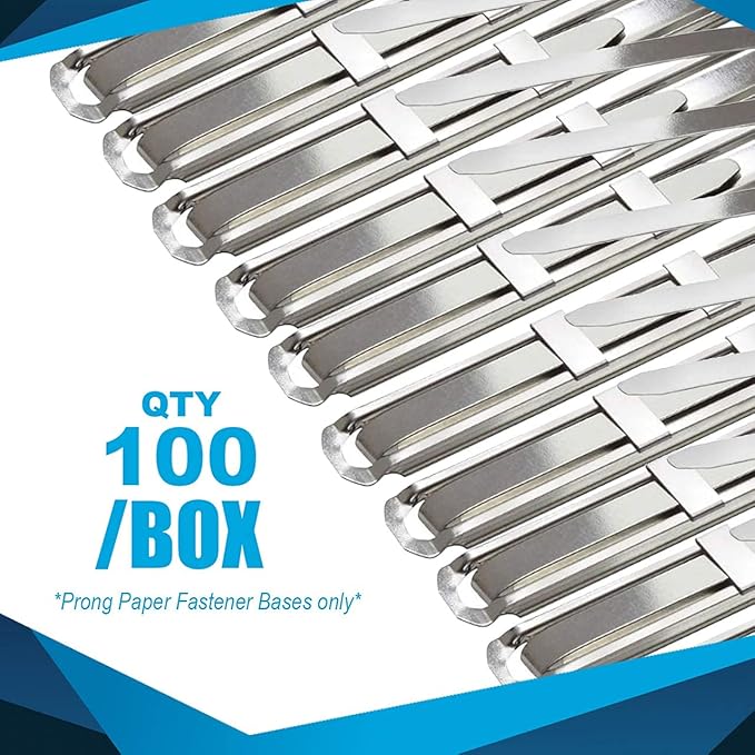 OLYMPX 100 Pcs of 1 Inch Capacity Premium Metal Paper Prong Fasteners Bases, 2.75 Inch Base for Paper File Clip Folder Accessories, Office Paper Clamp, Silver Box of 100