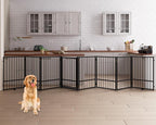 8 Panels Full Metal Freestanding Dog Gates with Door, 160” W x 32” H Folding Pet Gate Fence with Support Feet for Indoor,Stairs, Hallways and Doorways(Black)