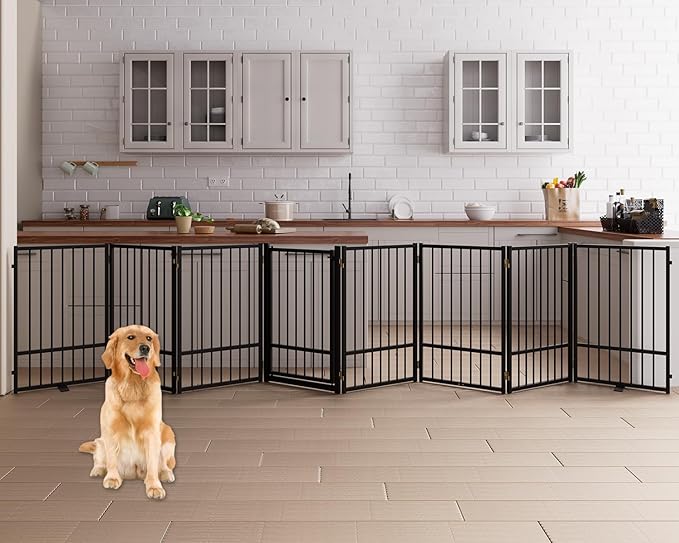 8 Panels Full Metal Freestanding Dog Gates with Door, 160” W x 32” H Folding Pet Gate Fence with Support Feet for Indoor,Stairs, Hallways and Doorways(Black)