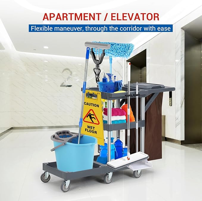 Heavy-Duty Cleaning Cart with Wheels & Shelves, 3-Tier Rolling Service Cart for Janitorial Supplies, 300 Lbs Capacity Mobile Utility Cart for Office & Housekeeping