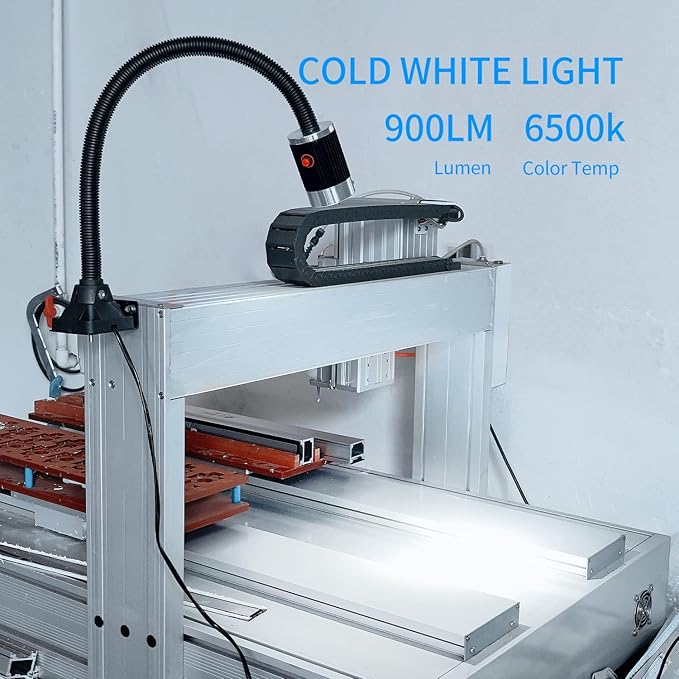 900 Lumens LED Machine Shop Light, IP65 Water Proof Flexible Gooseneck Lamp, 20" Adjustable Gooseneck w/Screw Base for Lathe, Drill Press, and Workbench