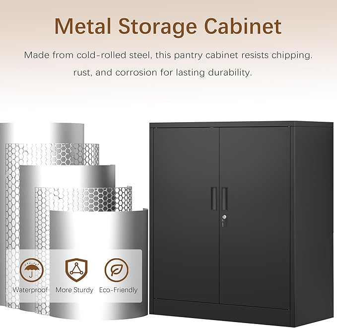 Metal Storage Cabinet, 36 Inch Tall Metal Storage Cabinet with Doors and Shelves, Pantry Cabinets for Kitchen Storage, Garage Cabinet for Living, Dining Room, Assemble Required.