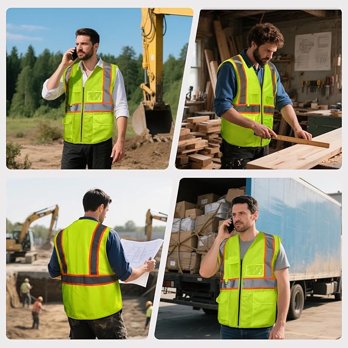 Safety Vest Customize Logo with 5 Pockets & Zipper Reflective High Visibility Vest Class 2 Outdoor Workwear