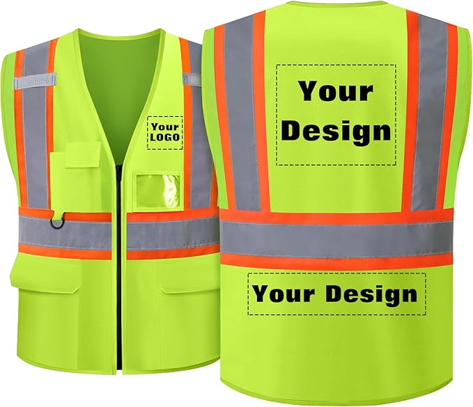 Safety Vest Customize Logo with 5 Pockets & Zipper Reflective High Visibility Vest Class 2 Outdoor Workwear