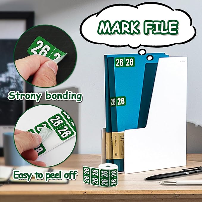 500 Pcs 2026 Year Stickers, Waterproof File Folder Labels, Self-Adhesive Rectangle Tabs for End Folders and Envelopes, Number Tabs, Office and Home Supplies (Green)