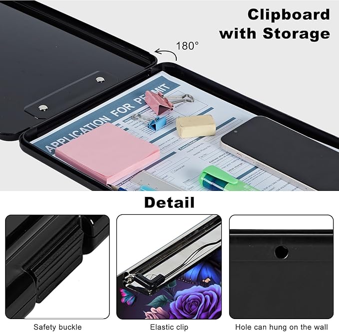 Plastic Storage Clipboard with Low Profile Clip, Heavy Duty Foldable, Coaches Clipboard Case for Work, Teacher, Office, School Supplies, Blue Pink Roses Butterfly