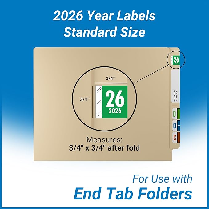 2026 Year Labels, Doctor Stuff 2026 Chart Stickers, Green Color Coded, Tabbies 11700 Style, USA Made Year Stickers for End Tab File Folders, 1000/Roll, 1 Roll, 3/4" x 1-1/2"