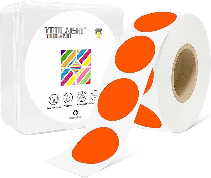 1 Inch Circle Dot Stickers 1000 PCS Color Coding Thermal Labels Dots Writable Printable Small Round Stickers for Office, Classroom, Inventory, Garage, Organizing Storage, Fluorescent Orange