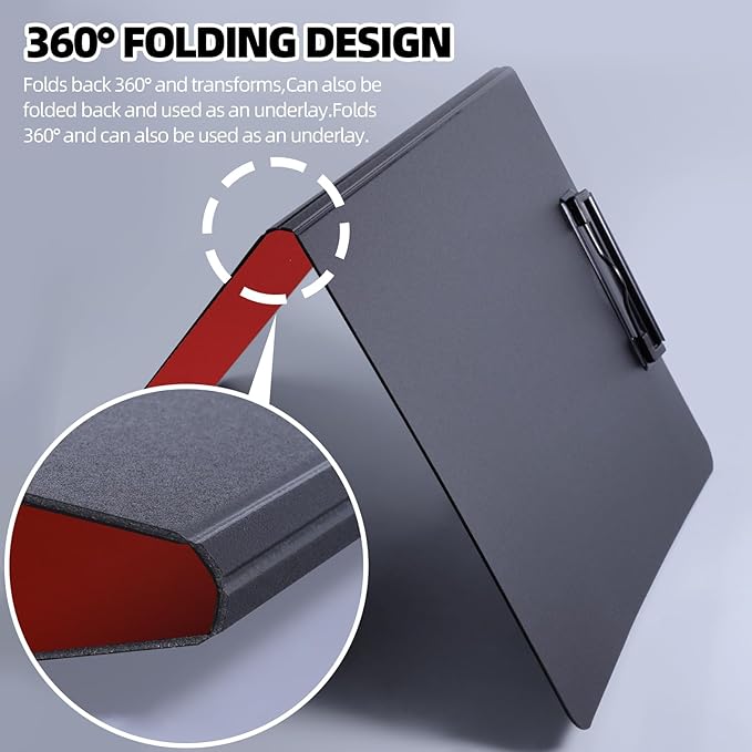 Clipboard Folder, A4 Foldable Clipboard with Horizontal and Vertical Double Metal Clips, 360 Degree Foldable Binder Clipboards with Pen Holder, File Cover Work Folder Clipboards, Red