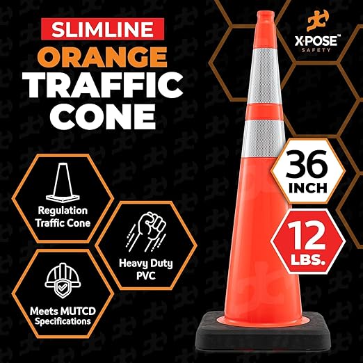 Xpose Safety 36 Inch Orange Slim Line Traffic Cones Heavy Duty 12lb, 6" & 4" Collar - Bulk Half Pallet 125 Pack - Multipurpose PVC Plastic Safety Cone Parking, Caution & Construction - DOT Approved
