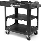 Olympia Tools Heavy Duty Utility Work Cart | 2 in 1 Convertible 3 Shelf to Flat Top Workstation | 660 lb Capacity, HDPE Frame, Ladder Hook, 4 Swivel Wheels | Tool Carts for Garage & Maintenance