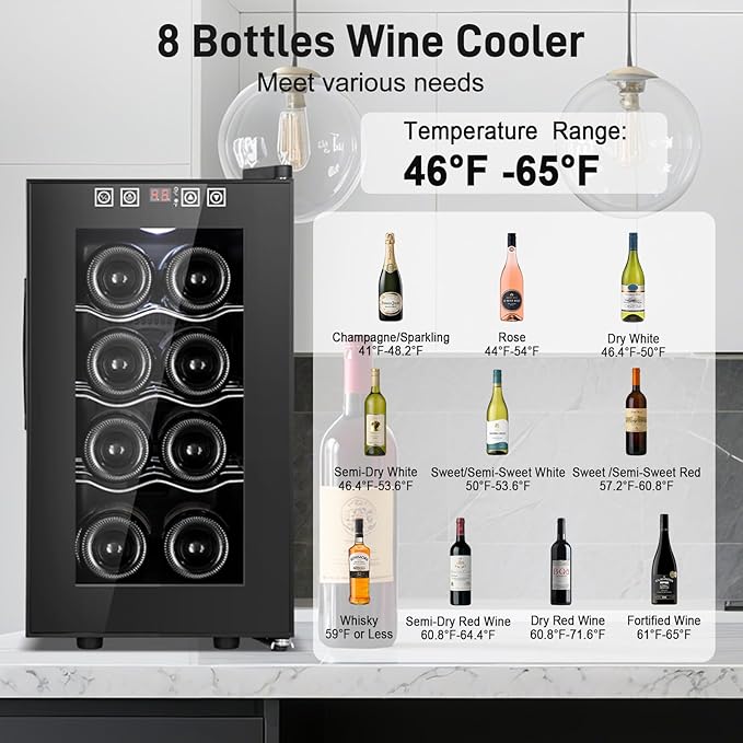 Tylza 8 Bottles Wine Fridge, Wine Cellar with Low-E Tempered Glass Door, LED Touchscreen, Lock, Frost Free, No Vibration, Wine Cooler Refrigerator for Red, White, Champagne or Sparkling Wine, Black