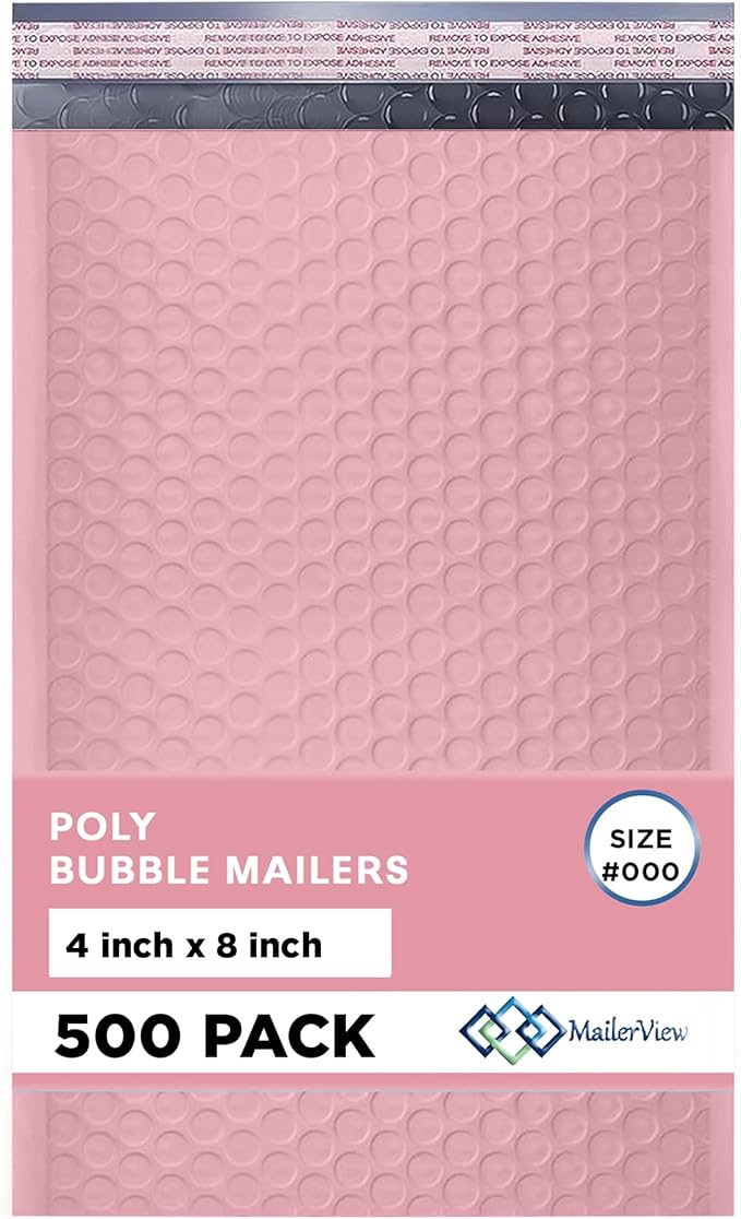 Light Pink Small Bubble Mailers 4x8 Inch #000 | Thick Padded Poly Bubble Mailer Envelopes | 500 Pack Bulk | Trading Card Sports Card Shipping
