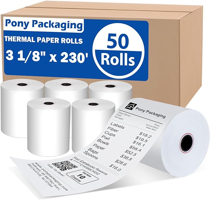 (50 Rolls) 3 1/8 x 230 Thermal Paper Receipt Rolls (45 GSM Premium Quality) Fits All POS Cash Registers BPA Free