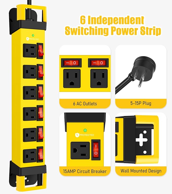 Heavy Duty Power Strip,6 Outlets Metal Power Strip with Individual Switch & Cord Management,Mountable Surge Protector 1200J,10FT Extension Cord(Yellow,10 FT)