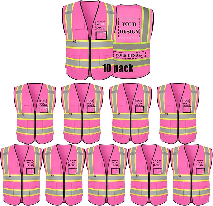 Safety Vest Reflective High Visibility with 5 Pockets ＆Zipper Class 2 Adult Unisex Construction Security Workwear
