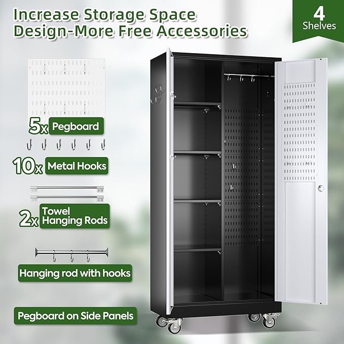Broom Closet Storage Cabinet with Wheels and Pegboard, Metal Garage Storage Cabinet with Magnetic Doors,Adjustable Shelves for Garage Home Office,Required Assembly,Black and White,71"H×15.75"D×31.5"W