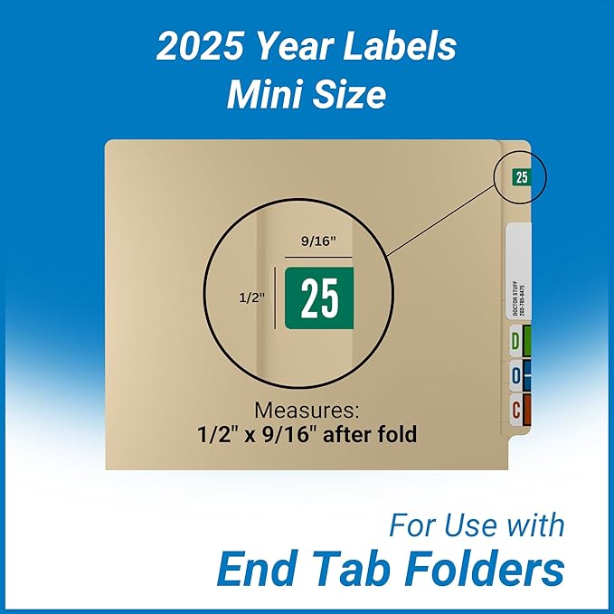 2025 Small Year Labels, Doctor Stuff 2025 Chart Stickers, Green Color Coded, Tab Products Style, USA Made Year Stickers for End Tab File Folders, 500/Roll, 1 Roll, 1/2" x 1-1/8"