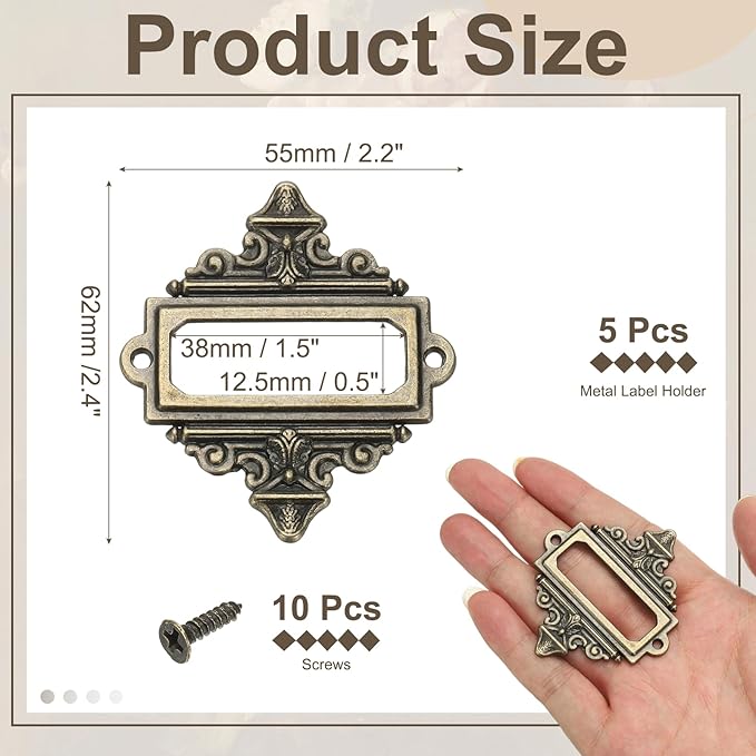 uxcell 5 Pcs Metal Label Holder, 2.2 x 2.4 Inch Small Vintage Card Frame Tag Floral Lace Label Holder with Screws for File Boxes Drawers Door Cabinet Book Shelves, Bronze Green