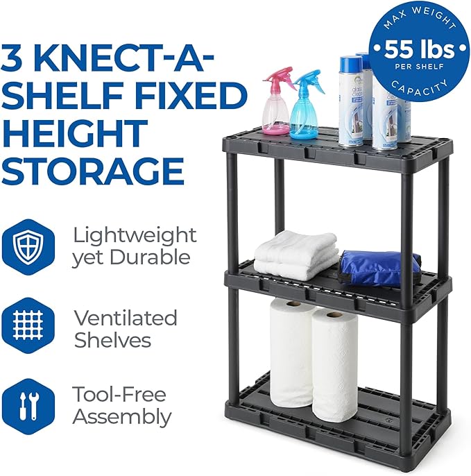 Gracious Living 3 Shelf Knect-A-Shelf Solid Light Duty Storage Unit 12 x 24 x 33 Organizer for Home, Garage, Basement & Laundry, Black