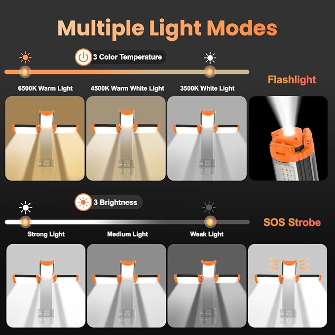 CAVN Rechargeable Camping Lights with Stand 6.5 ft Max Height, Portable Cordless LED Work Light 2200 Lumens 6500/4500/3500K Dimmable Camping Essentials Gear with Detachable Tripod, Orange