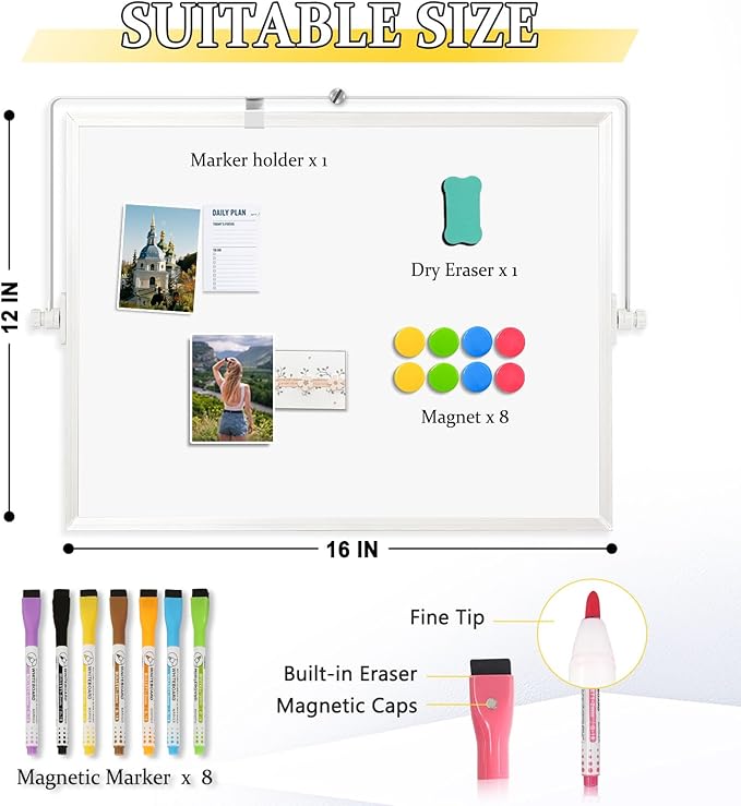 Dry Erase Magnetic White Board, 16" x 12" Double-Sided Desktop Whiteboard with Stand, Portable Small Whiteboard Set for Drawing, Office, Home, School