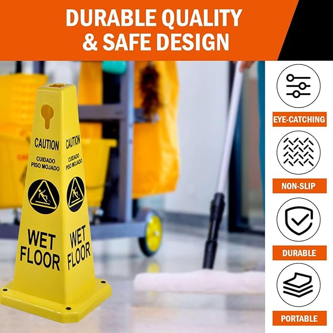Caution Wet Floor Sign, 26.4-Inch Safety Cone, 4 Pack Yellow Plastic, High-Visibility, Non-Fading, Slip-Resistant Base, Stackable, Indoor Outdoor Warning Sign