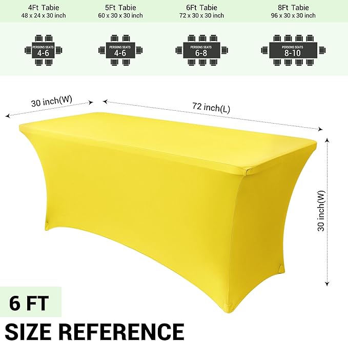 Obstal 6 Pack Stretch Spandex Table Covers for 6 Foot Tables - 6 FT Universal Rectangular Fitted Tablecloth Protector for Wedding, Banquet, Party (Yellow, 72 Length x 30 Width x 30 Height Inches)