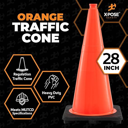 Xpose Safety 28 Inch Orange Traffic Cones, 8-Pack - Multipurpose PVC Plastic Safety Cone for Parking, Soccer, Caution, Kids and Construction - DOT Approved