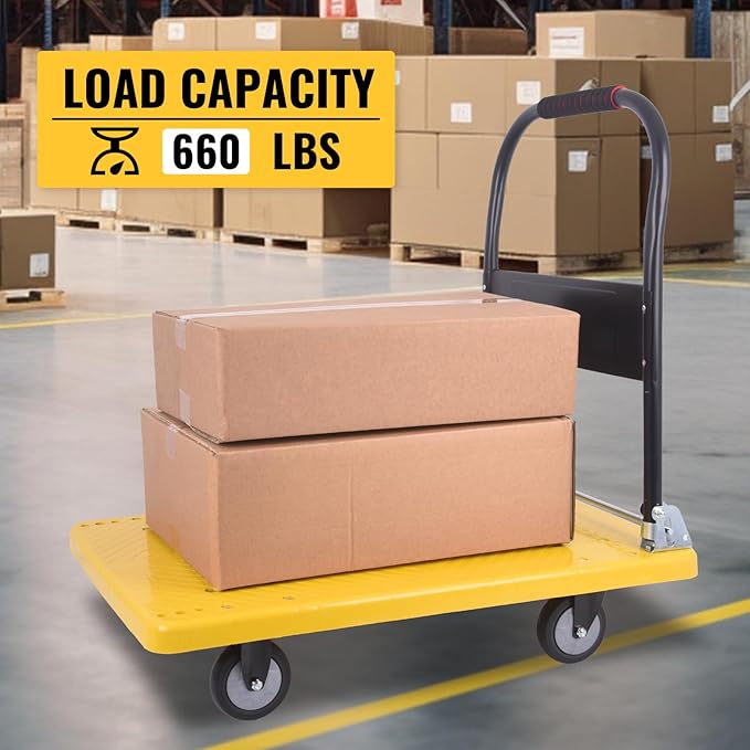 Hand Cart 660 lbs, Push Cart Dolly Yellow, Capacity Platform Truck Foldable Platform Upgraded Heavy Duty Moving Cart with PU Wheels for Home Garden Warehouse Garage Workshops