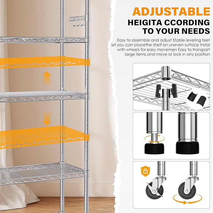 YNN Storage Shelves,6000Lbs 6 Tier Heavy Duty Metal Rolling Shelving Unit with Wheels & 8 Hooks, Adjustable Garage Wire Rack for Kitchen, Bathroom,Industrial,Pantry(36" W x 14" D x 72" H, Chrome)