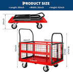 6in1 Foldable Platform Truck Cart with Cage Platform Truck,1800lbs Push Cart Dolly Capacity Flatbed Hand Truck Dolly Cart Multipurpose for Grocery, Laundry, Garage, Warehouse (Red+Black)
