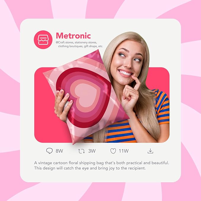 Metronic Poly Mailers 14.5x19 Inch 50pc Pink Love Heart, Waterproof Self-Seal Large Shipping Bags for Clothes, Cute Shipping Envelopes Mailers Poly Bags for Valentine's Day Packaging Mailing Gifts