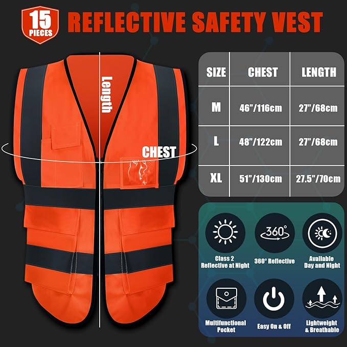 JaGely 15 Pack Reflective Safety Vests with Pockets and Zipper Construction Work High Visibility Vest for Men Women(X-Large,Orange Red)