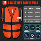 JaGely 15 Pack Reflective Safety Vests with Pockets and Zipper Construction Work High Visibility Vest for Men Women(X-Large,Orange Red)