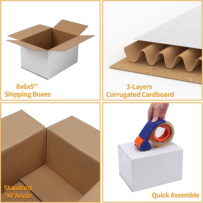 PETAFLOP 8x6x5 Shipping Boxes Set of 25, Small White Cardboard Mailer Box for Packing, Mailing, Business