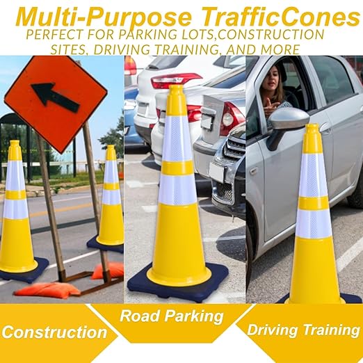 BESEA 8PACK 28” inch Traffic Safety Cones Yellow Road Parking Cones Heavy Duty Construction Cone Structurally Stable for Traffic Control at Public Place