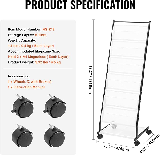 VEVOR Brochure Display Rack, 6-Tier Magazine Literature Display Stand, Floor Standing Magazine Rack Newspaper Catalog Holders, Movable with 4 Wheels (2 Lockable) for Shop Exhibitions Office, 6 Pockets